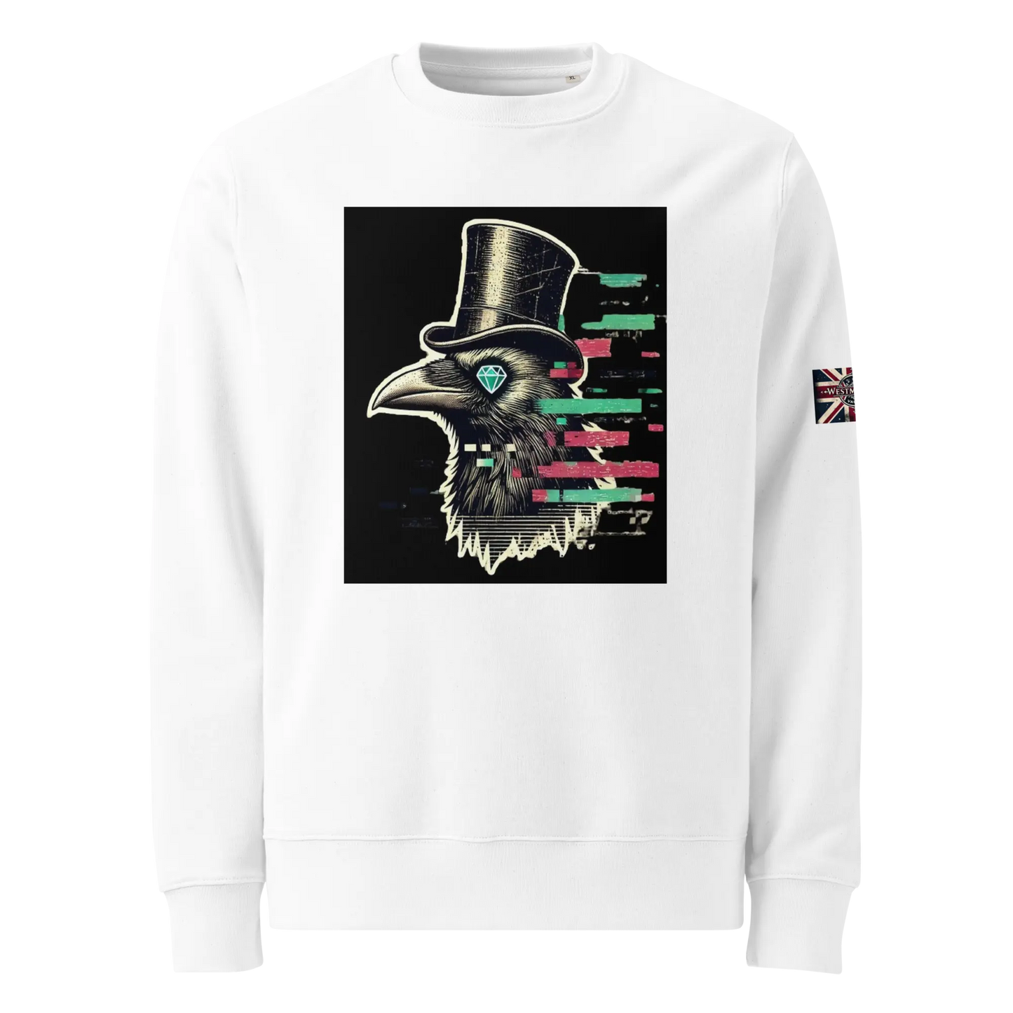 Crow and Hat, popular promoted britsh designer Clothes. Bold glitched effect Crow in a Top Hat with arrows. Colours are blues greens and yellows. Rear print Crow and Hat. Westminster Vault website. Westminster Vault has the best Streetwear Clothing designs. Viral Artist merch and funny t-shirt gift ideas for men and women. UK Company British Owned Available on Google, Facebook, Instagram Snapchat and Tiktok. WestminsterVault.com