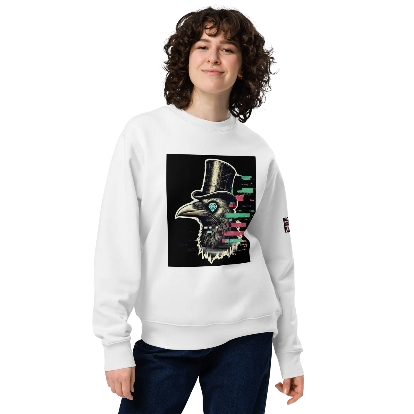 Crow and Hat, popular promoted britsh designer Clothes. Bold glitched effect Crow in a Top Hat with arrows. Colours are blues greens and yellows. Rear print Crow and Hat. Westminster Vault website. Westminster Vault has the best Streetwear Clothing designs. Viral Artist merch and funny t-shirt gift ideas for men and women. UK Company British Owned Available on Google, Facebook, Instagram Snapchat and Tiktok. WestminsterVault.com