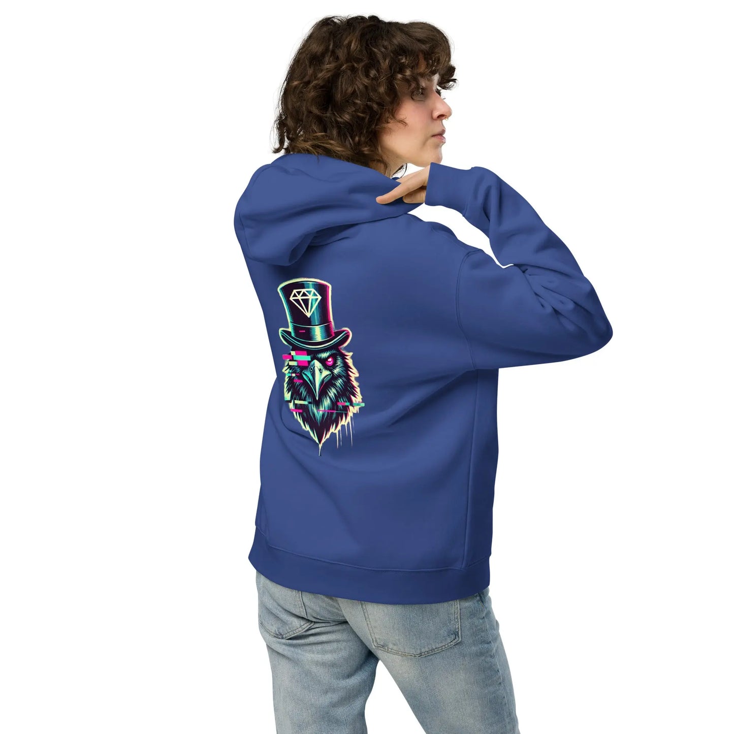 Men's Blue Project 2025 Crow and Hat hoodie. British Clothes designer. Turquoise edged Gothic style text with Crow and Hat print on the front. Bold glitched effect Crow in a Top Hat with arrows. Colours are blues, purples on the rear. Westminster Vault website. Westminster Vault has the best Streetwear Clothing designs. Viral Artist merch and funny t-shirt gift ideas for men and women. UK Company British Owned Available on Google, Facebook, Instagram Snapchat and Tiktok. WestminsterVault.com,
